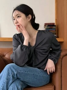 Áo cánh xoắn phía trước thanh lịch màu trơn cho nữ, quần áo mùa thu, áo dài tay kiểu học sinh - Màu xám đen - Xem 1