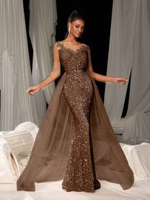 Elisanya Elegant Sequin-Glitter Mermaid Tail Gown With Floral Embroidery & Flowing Tulle Train | Luxury Evening Dress For Black Tie Galas, Weddings - Rust Brown - View 3