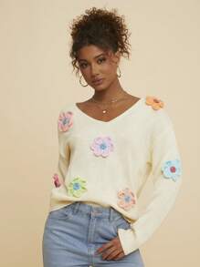 Travachic V-Neck Colorful 3D Floral Loose Casual Women's Long Sleeve Sweater,Fall Women Clothes,Women Sweaters
