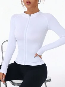 SHEIN Sports Women's Solid Color Raglan Sleeve Zipper Front Fitted Active Jacket - White - View 6