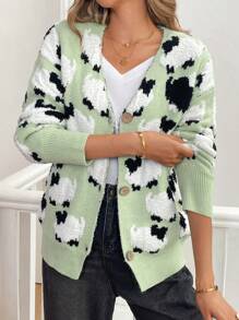 SHEIN LUNE كارديجان أكمام طويلة أمامي بأزرار بياقة على شكل حرف في رقبة بطباعة كرتونية - أخضر - مشاهدة 3