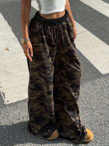 Muchica Women's Camouflage Knitted Wide Leg Casual Street Pants