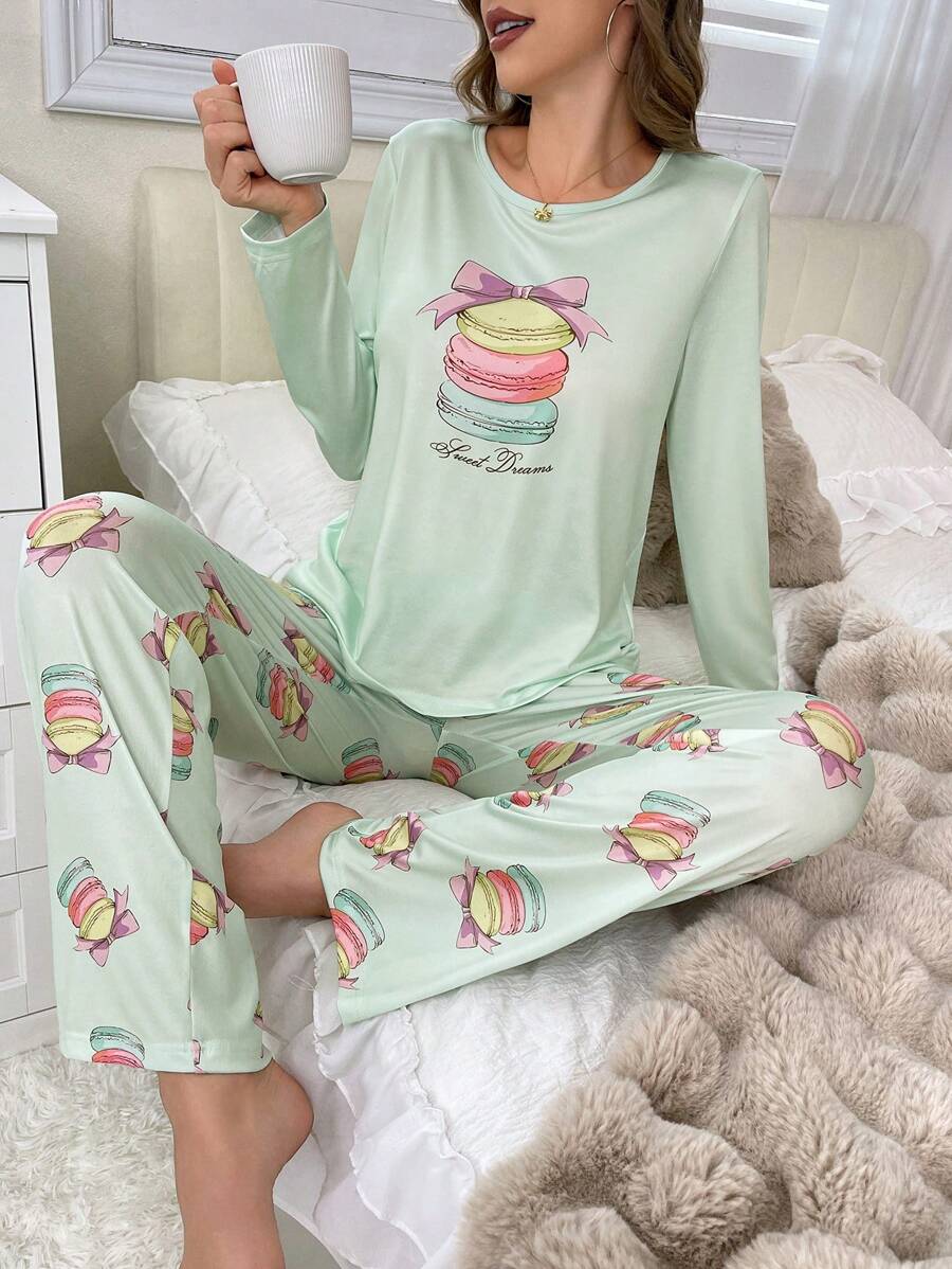 Hand-Painted Macaron Pattern Long Sleeve Top & Pants Pajama Set, Fall Clothes - Mint Green - View 1