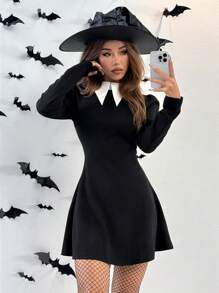 SHEIN EZwear 时尚拼色领迷你连衣裙，秋季 - 黑色 - 查看 5