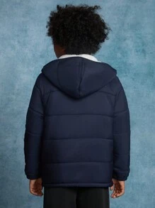 SHEIN Tween Boy Woven Monogram Print Round Patch Hooded Thick Warm Casual Jacket