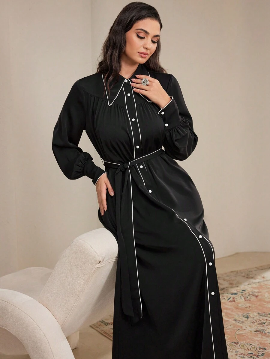 Veilorie 女士拼色饰边前纽扣系带优雅长袖连衣裙 - 黑與白 - 查看 1