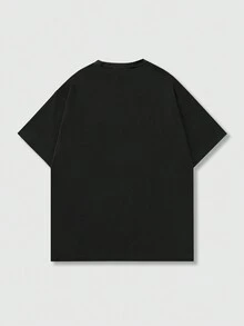 ROMWE MEN Street Life 男士休闲标语和图案印花短袖圆领 T 恤，夏季 - 黑色 - 查看 2