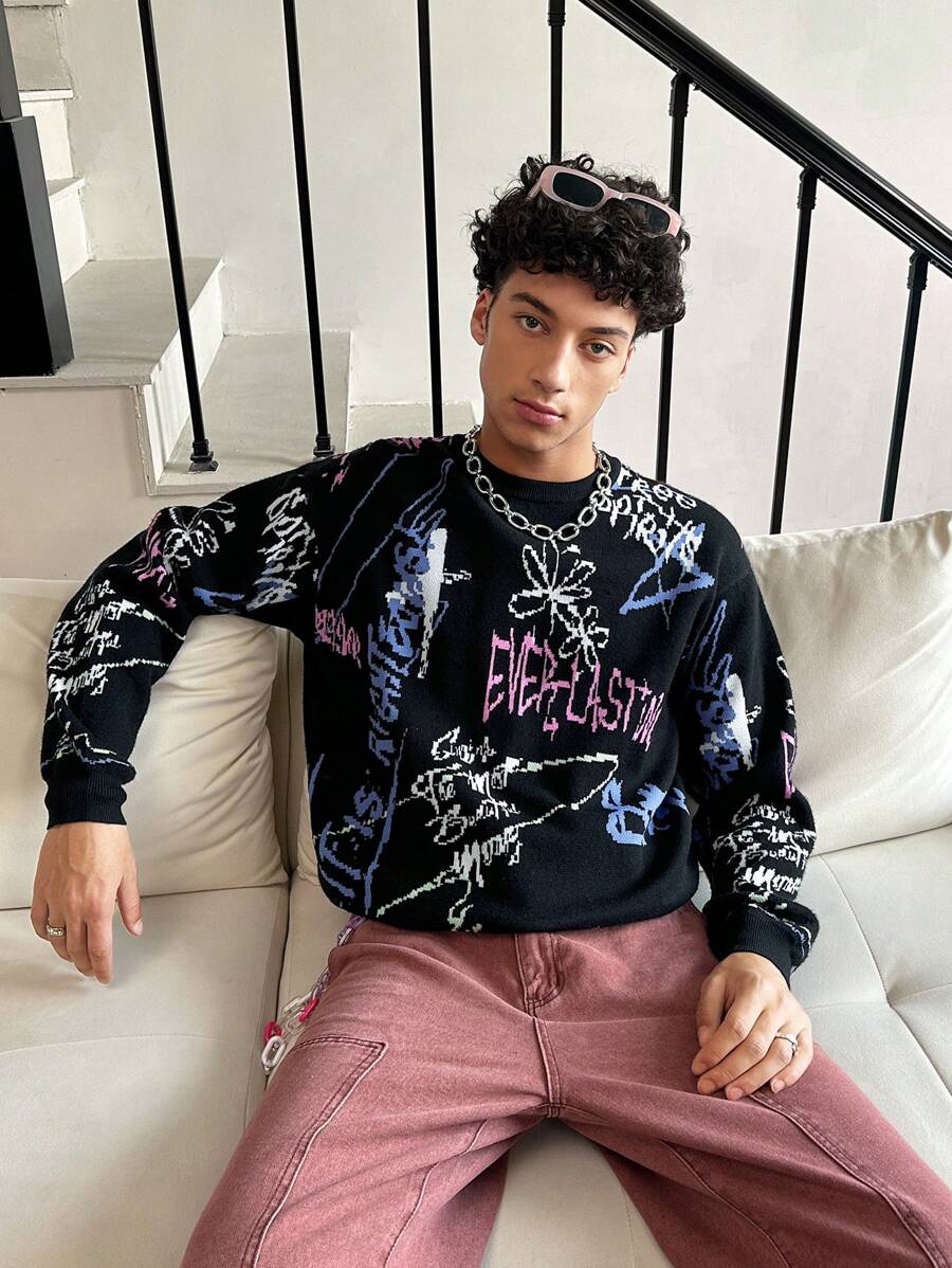 Manfinity Roghcode Men's Letter & Graphic Print Crew Neck Long Sleeve Sweater - Multicolor - View 1