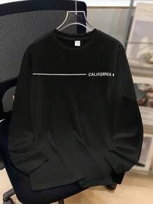 SHEIN Teen Boys' Casual Comfortable Long Sleeve English Letter Print Round Neck T-Shirt, All-Match And Versatile, Fall, Winter, Black