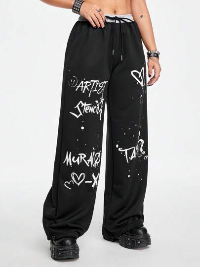 Street Life Casual Punk Everyday Versatile Loose Color Block Heart Letter Print Drawstring Ladies Trousers