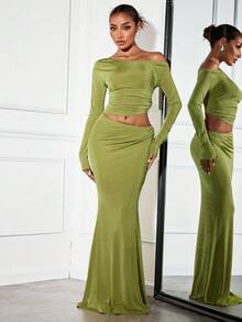 SHEIN SXY 2 件套露肩长袖上衣和绿色紧身裙套装，秋冬 - 綠色 - 查看 5