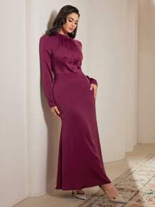 Modelyn Women's Solid Color High Slit Dress With Long Sleeves Long Evening Dresses - Hot Pink - View 6