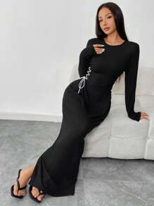 Modelyn 女士圆领长袖拼色前系带修身连衣裙 - 黑色 - 查看 5