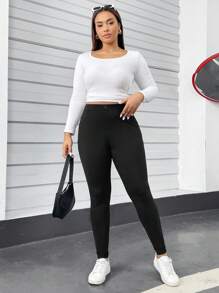 SHEIN Essnce 大码女士秋冬羊毛紧身裤，黑色紧身裤，女士紧身裤，2 个口袋秋季裤子，带口袋的紧身裤秋季女士服装冬季裤子 - 黑色 - 查看 8