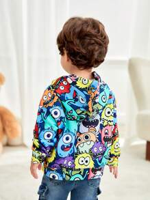 SHEIN Baby Boy Unisex Casual Cute Funny Monster Print Hooded Sweatshirt, Loose Fit, Suitable For Spring & Fall Wear, Suitable For Indoor And Outdoor