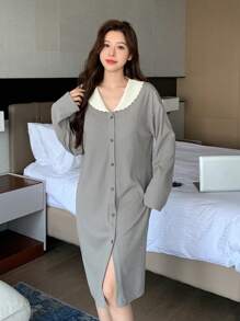 DAZY Vestido de estar por casa con cuello ancho y bajo ondulado