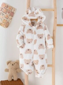 SHEIN Newborn Baby Boy Cute Cartoon Hooded Plush Jumpsuit Suitable For Autumn And Winter Home & Outdoor Wear