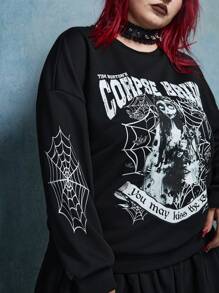 Corpse Bride X SHEIN Plus Size Casual Cartoon Character & Slogan Loose Fit Drop Shoulder Sweatshirt, Spring And Autumn Winter Fall - Black - View 4