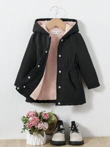 SHEIN Áo khoác dài vừa phải có mũ trùm đầu dày dặn cho bé gái, phù hợp mọi phong cách, mùa thu và đông - màu đen - Xem 1