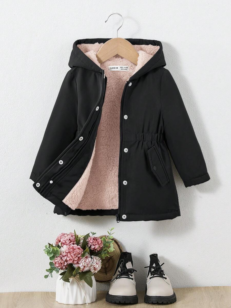 SHEIN Áo khoác dài vừa phải có mũ trùm đầu dày dặn cho bé gái, phù hợp mọi phong cách, mùa thu và đông - màu đen - Xem 1