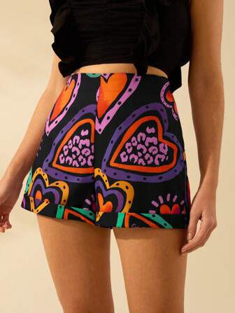 CAJUNI Shorts negros mini con estampado bohemio, estampado de corazón de colores para mujer, shorts casuales de playa de verano para vacaciones
