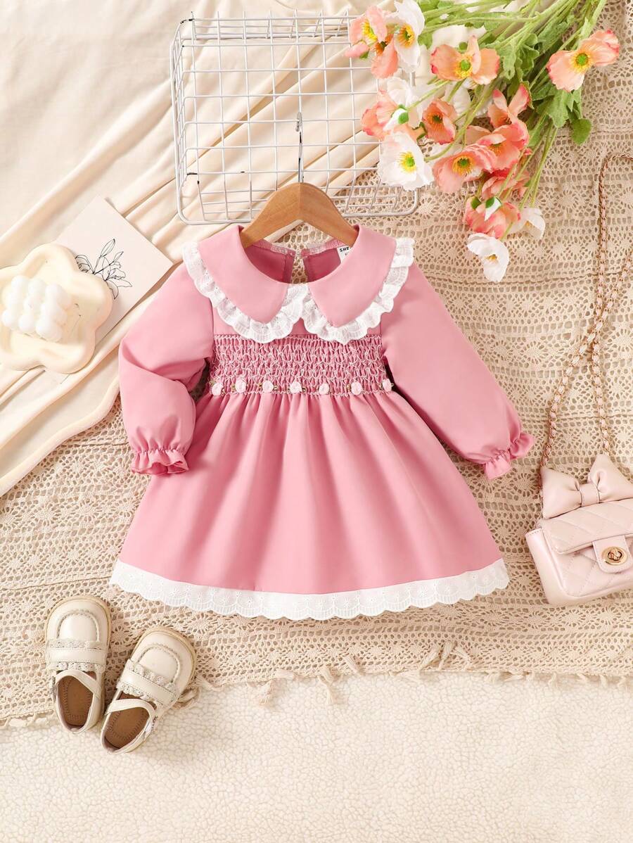 SHEIN Baby Girl Solid Color Patchwork Long Sleeve 3D Floral Decor Dress - Pink - View 1