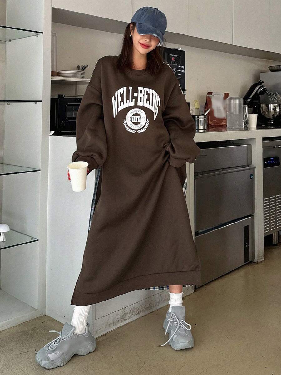 DAZY Đầm dài tay cổ tròn in chữ đơn giản cho nữ, mùa xuân thu - màu nâu - Xem 1