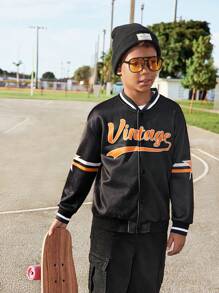 Tween Boys Fashionable Casual Printed Baseball Jacket - Black - View 3