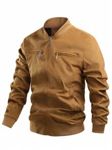 Manfinity Hypemode Áo khoác bomber da lộn đa năng cổ đứng cho nam Áo khoác ngoài thông thường - Màu Khaki - Xem 1