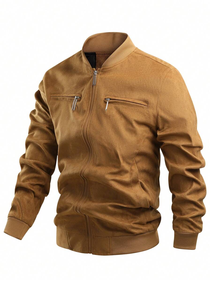 Manfinity Hypemode Áo khoác bomber da lộn đa năng cổ đứng cho nam Áo khoác ngoài thông thường - Màu Khaki - Xem 1