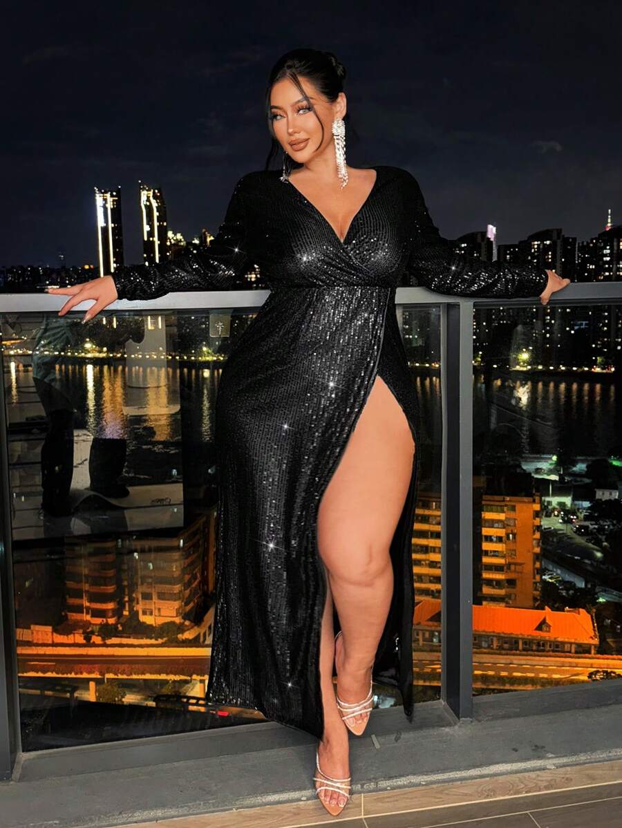 SHEIN SXY Kleid in Große Größen mit Pailletten Verzierung und hohem Schlitz, Herbst