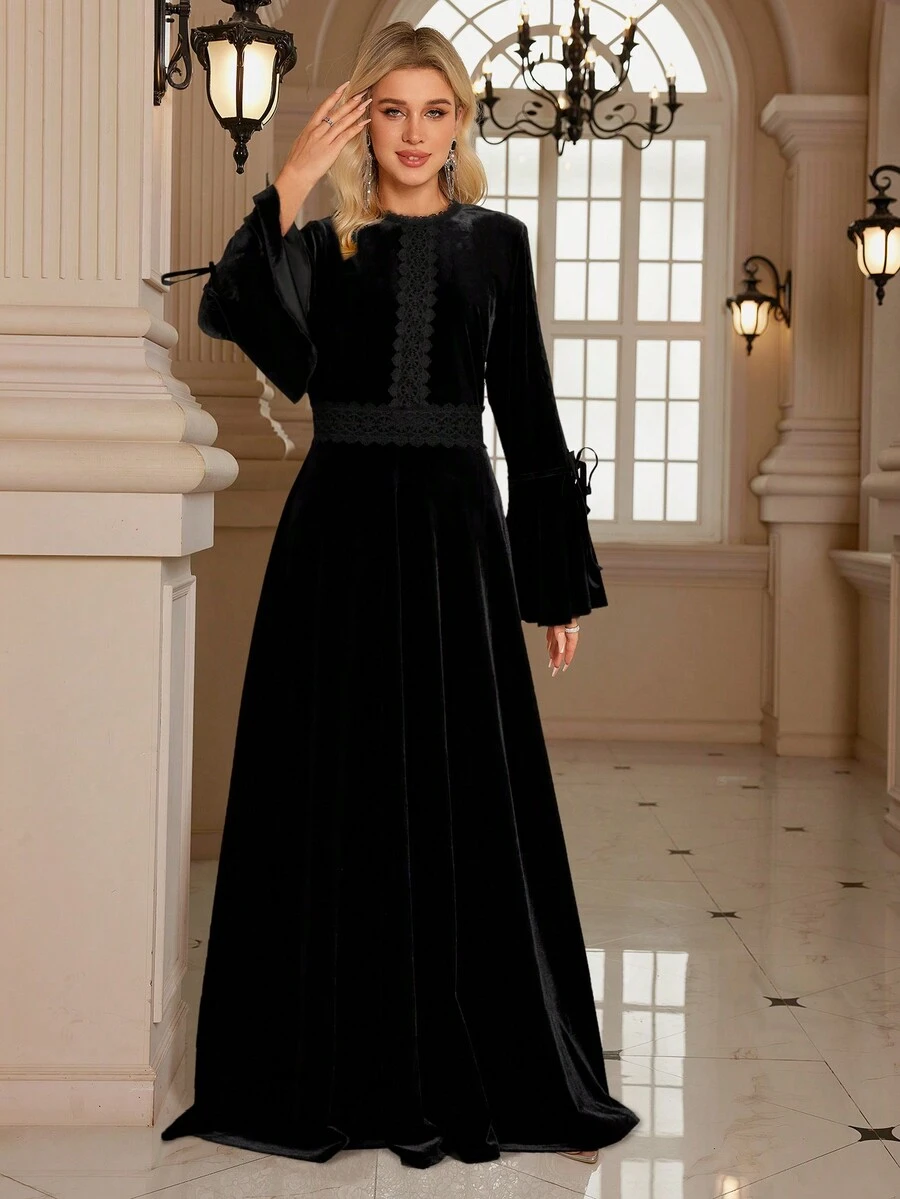 Women's Embroidered Lace Color Block Trumpet Sleeve Waist Tied Maxi Length Style Elegant Party Modest Long Sleeve Dress