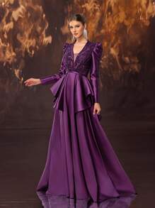YISIKADO Women's Formal Ball Gown, Luxurious Satin & Mesh Beaded Puff Sleeve Evening Dress, Long Sleeve Prom Dress, For Wedding Guest, Graduation, Dinner - Purple - View 7
