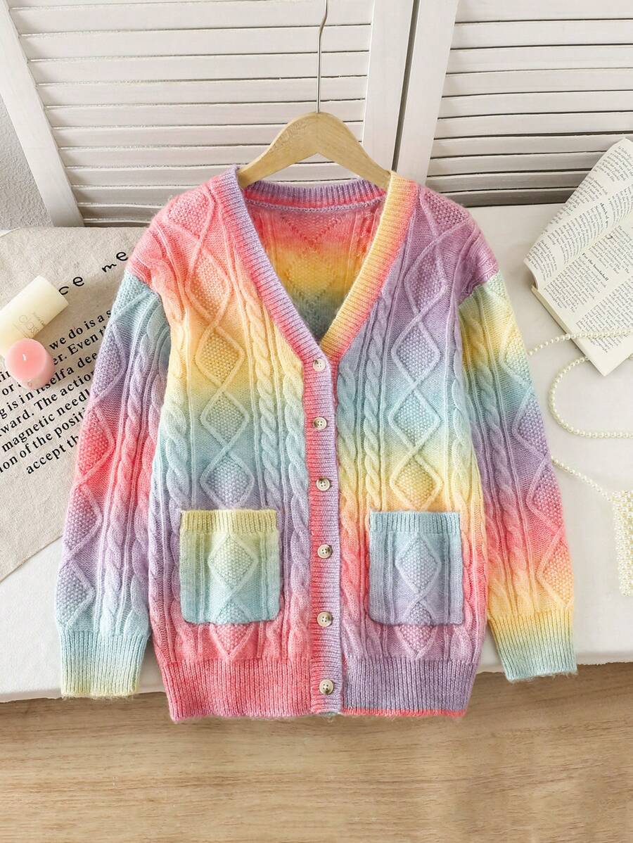 Girls Ombre Color Mid-Length Cardigan Sweater, Loose Casual, Comfy, Versatile, Suitable For Daily, Party, Autumn Winter - Multicolor - View 1