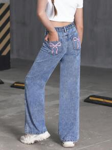 SHEIN Tween Girl Bow Print Denim Jeans,Holiday,Summer,Travel - Medium Wash - View 2