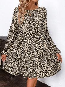 SHEIN Clasi 女士豹纹 A 字形宽松娃娃裙短款连衣裙 - 彩色 - 查看 3