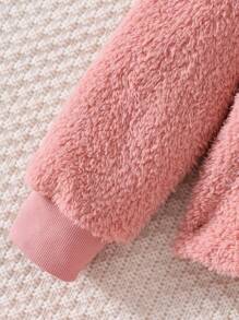 Tween Girl 粉色简约毛绒动物猫图案刺绣长袖上衣和裤子睡衣套装，舒适温暖的家居服