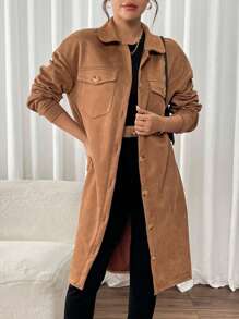 SHEIN Privé Elegant Casual Khaki Faux Suede Drop Shoulder Hooded Coat For Fall Winter - Khaki - View 3