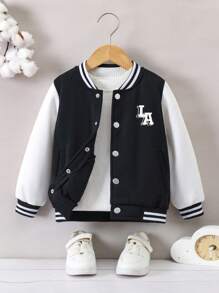 SHEIN Áo khoác dài tay in họa tiết sọc cổ Varsity cho bé trai màu tương phản phía trước - Đen và trắng - Xem 7