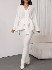 SHEIN Privé 女士针织毛绒抽绳宽松长袖上衣和鱼尾裙 - 杏色 - 查看 5