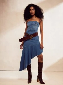 Forever 21 全新秋冬不对称下摆复古抹胸设计连衣裙 - 藍色 - 查看 10