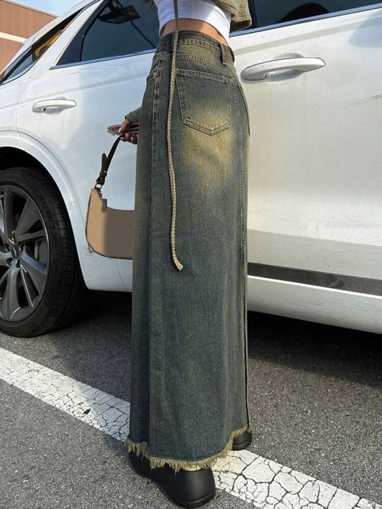 Women's Vintage Washed Distressed Denim Skirt