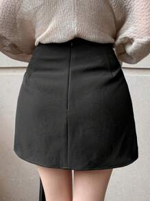 DAZY 纯色不对称褶裥前襟纽扣优雅黑色半身裙，女士秋冬服装半身裙 - 黑色 - 查看 2