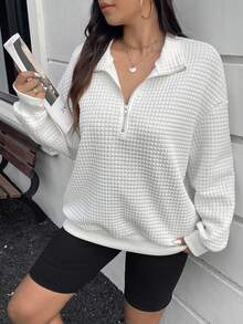 SHEIN Essnce Áo nỉ vải kẻ caro họa tiết kẻ caro cỡ lớn có khóa kéo nửa màu trắng cho nữ - trắng - Xem 5