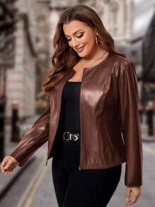 SHEIN Clasi 大码女式纯色 PU 皮革长袖优雅短夹克，春/秋 - 棕色 - 查看 5
