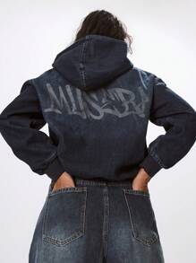 MUSERA Denim Zip Through Hooded Jacket Spring 90's Cute Summer Spring Streetwear - Black - View 5