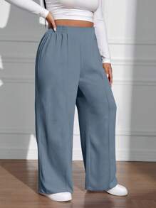 SHEIN EZwear 大码女式纯色松紧腰阔腿宽松休闲裤 - 淺藍色 - 查看 6