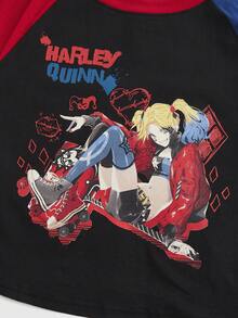 Harley Quinn | ROMWE 女士夏季拼色人物图案插肩袖 T 恤 - 彩色 - 查看 3