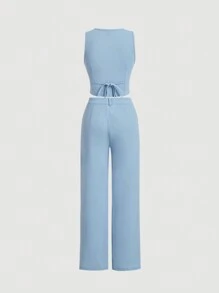 SHEIN MOD 浅蓝色约会之夜前扣 V 型下摆纯色纽扣前背心夹克和前缝裤两件套 - 薄荷藍 - 查看 2