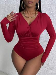 Slaydiva 女士纯色 V 领长袖褶皱紧身衣 - 酒紅色 - 查看 1